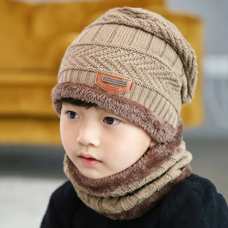 Kid Hat Scarf 2 Piece Set Short Plush Lnner Layer Boy Girl Knit Cap Ring Scarves Child Winter Outdoor Keep Warm Wear Accessories