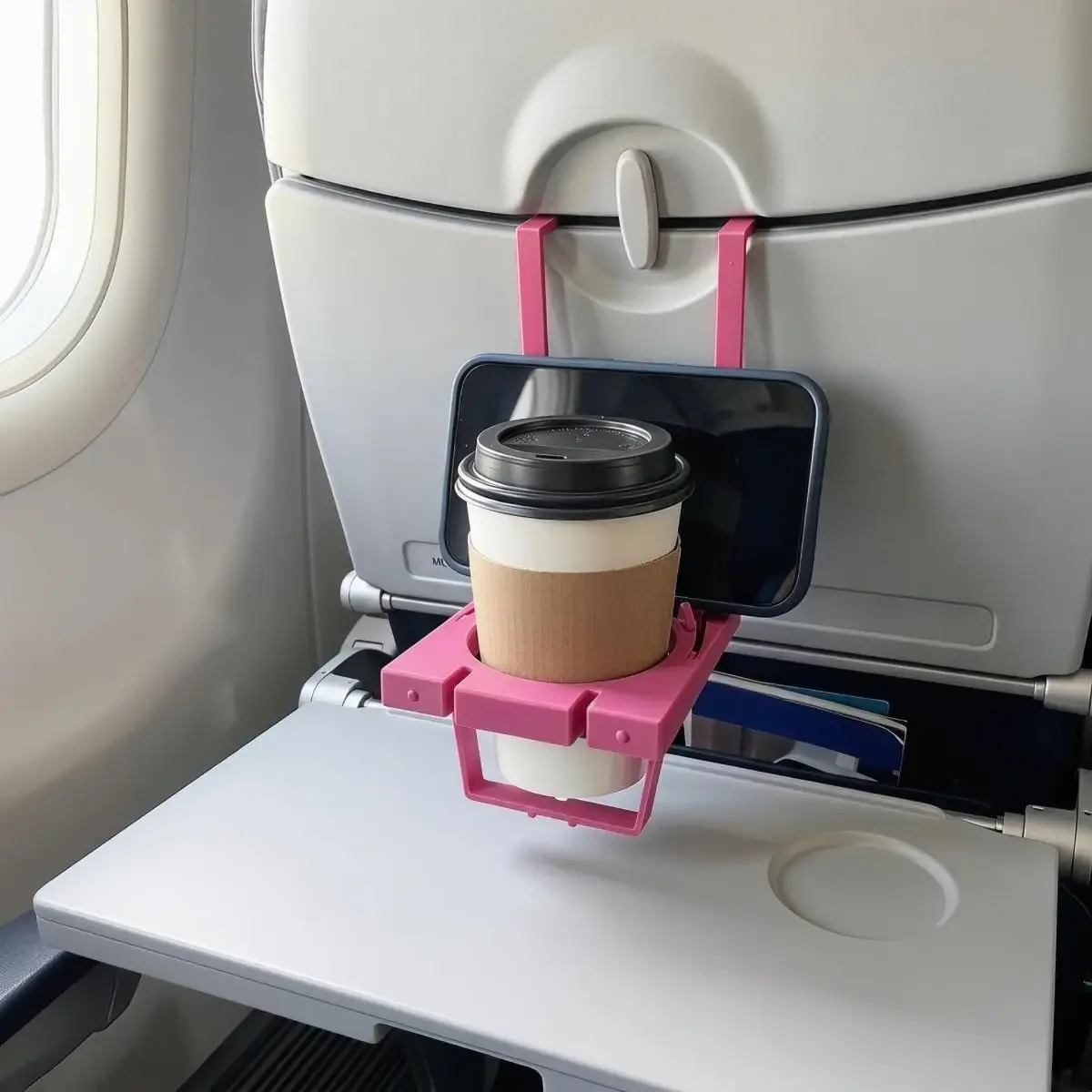 1PC 2-in-1 Airplane Travel Cup Holder with Phone Stand, Foldable Airline Tray Table Drink Holder for Travel Essentials