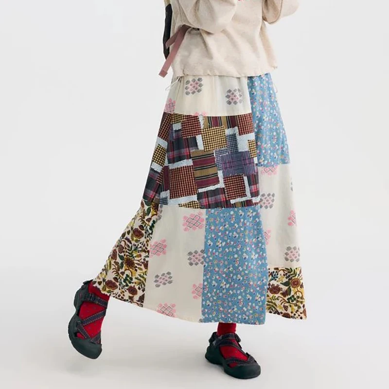 

Fashionable Floral Print Half Skirt Women's A-Line Elastic Waist Slimming Stylish Spring 2026 Cotton Patchwork Skirt