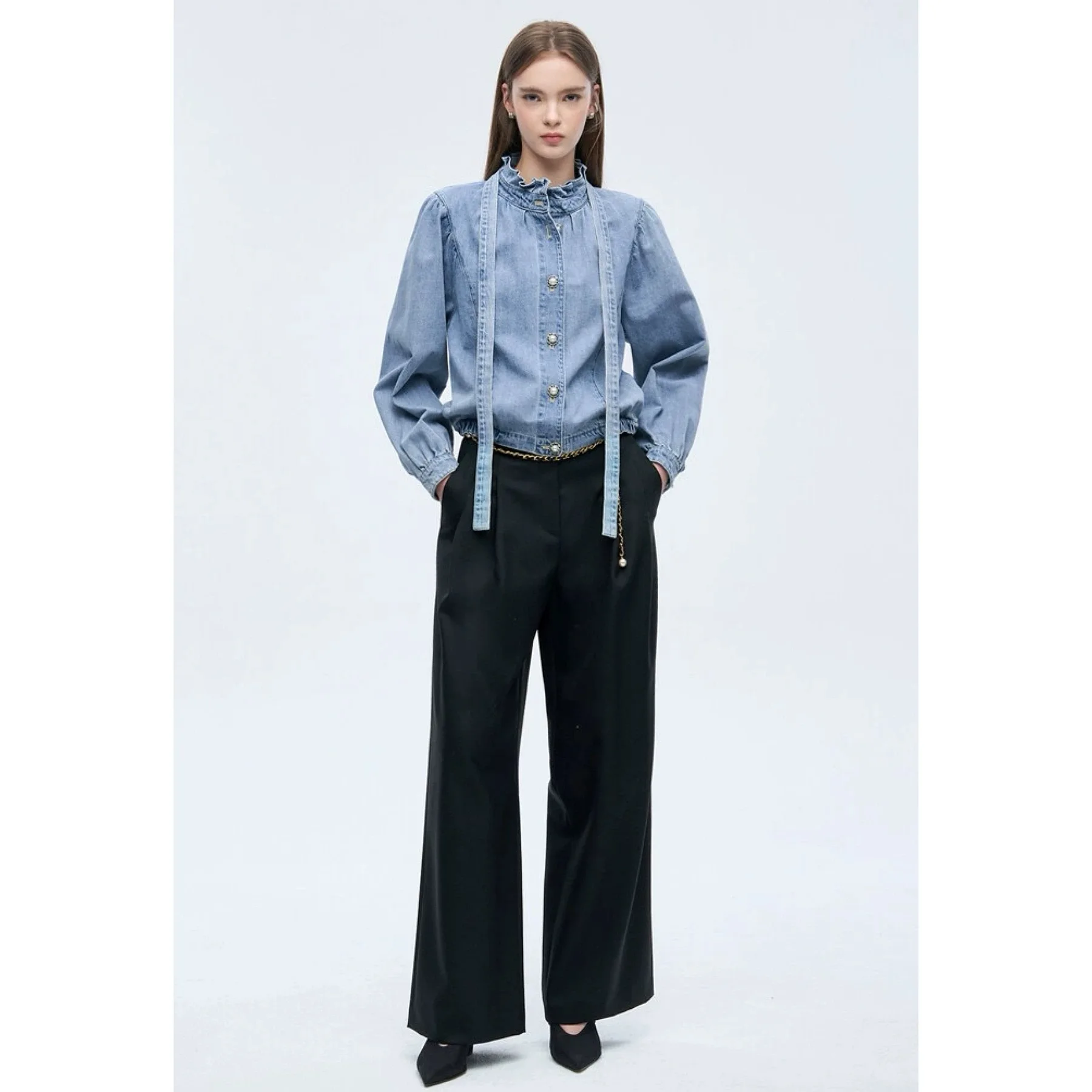 Lemon Cheese OBZ26 Spring Stand Collar Removable Ribbon Versatile Slimming Denim Jacket Women's Business Casual Short Coat