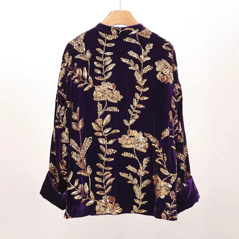 Autumn 2024 New Stand up Collar Superior Quality Hidden Button Super Beautiful Velvet Sequin + Embroidery Jacket Women S-XL