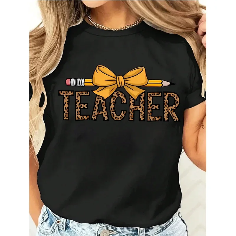 Plus Size Women's Teacher T-Shirt Teach Pencil Bow Glitter Leopard Checkered Coquette Short Sleeve Black TShirt 90s Y2k Tshirt