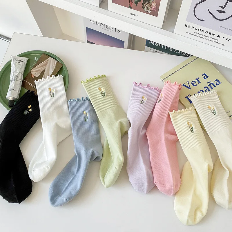 1 زوج النساء الجوارب اليابانية الكورية نمط الكرتون زهرة الحلوى اللون Harajuku Kawaii منتصف جوارب أنبوبية تنفس الجوارب القصيرة غير رسمية