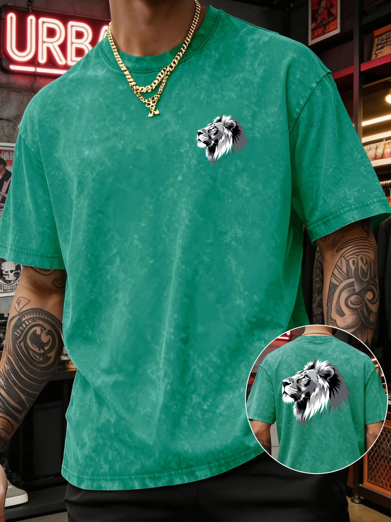 Men's Heavyweight Washed T-shirt Realistic Lion Portrait Print Vintage Acid Wash Streetwear Hip Hop Cotton Casual Summer S-3XL