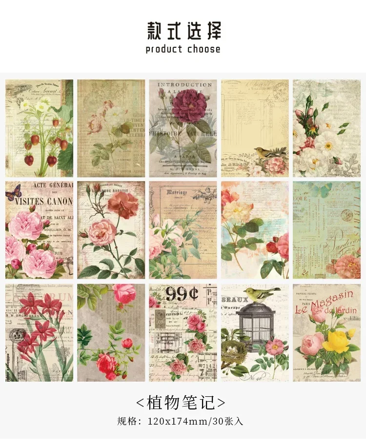 30 Blatt klassische Retro-Buchstaben, Karten, Rosen, literarisches Scrapbooking, Junk-Journal, dekorative Decoupage-Papiercollage – Detail 3