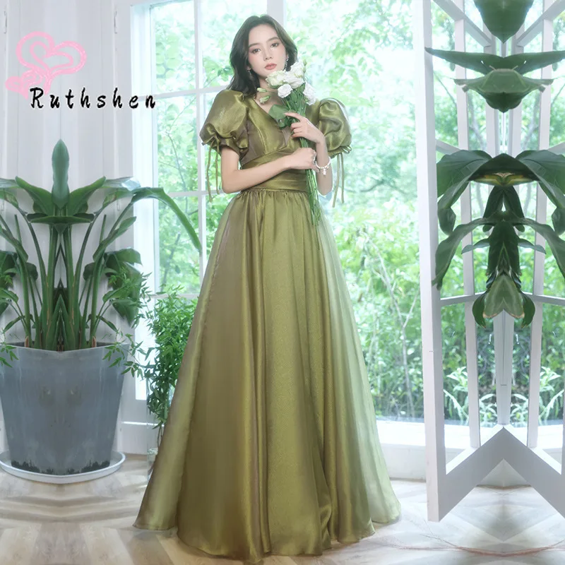 Olive Green Princess Evening Dresses Long Burgundy Prom Dress Short Sleeves Vestidos De Gala Elegant for Women V Neck 2023 New