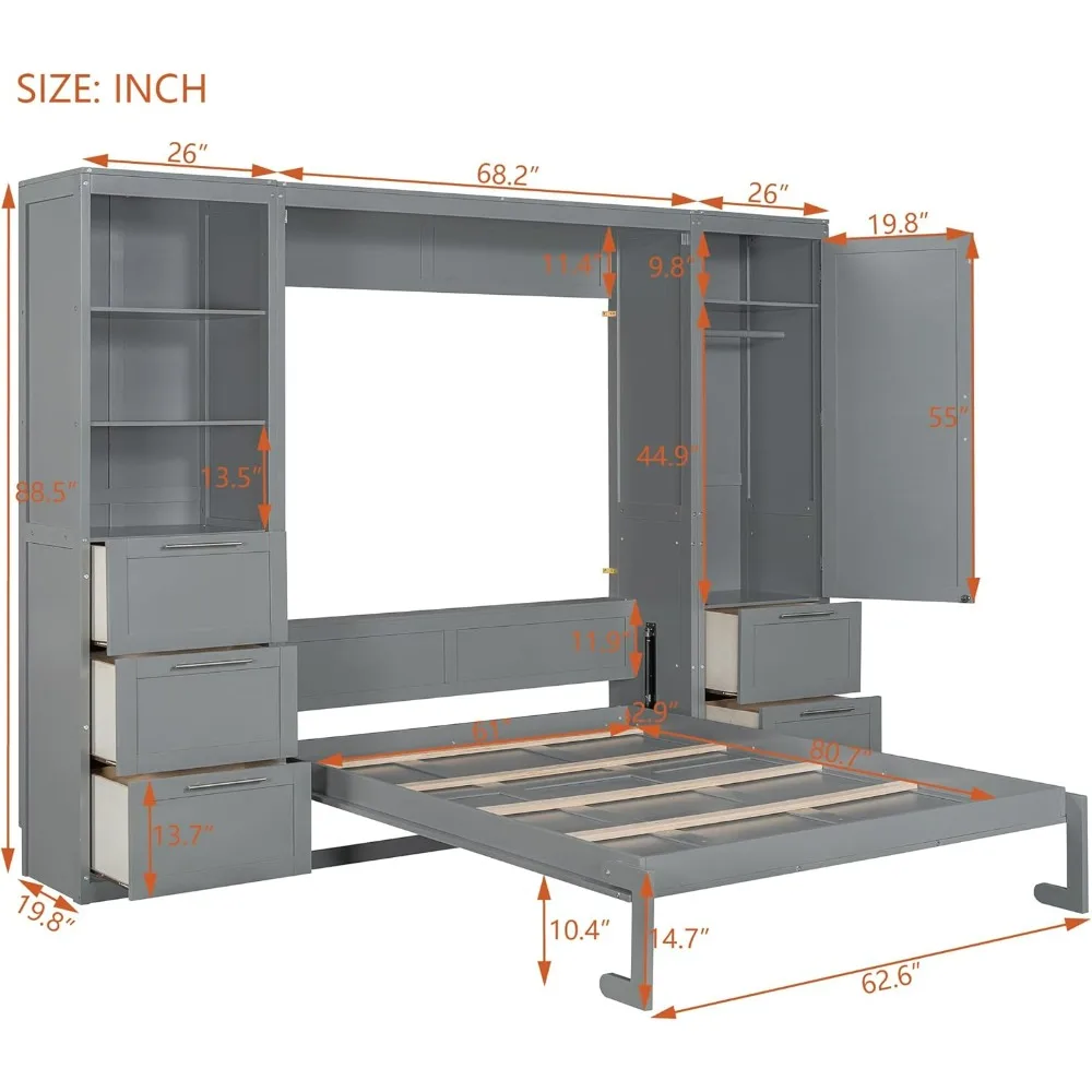 Harper & Bright Designs Queen Size Murphy Bed with Closet, Wall Bed with Drawers and Shelves, Gray