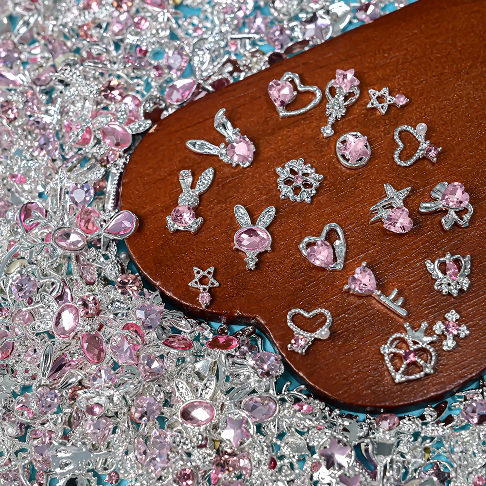 30Pcs 3D Mixed Pink Diamond Alloy Heart Star Rabbit Nail Charms Random Bowknot Cross Key Nail Art Decorations DIY Manicure Parts