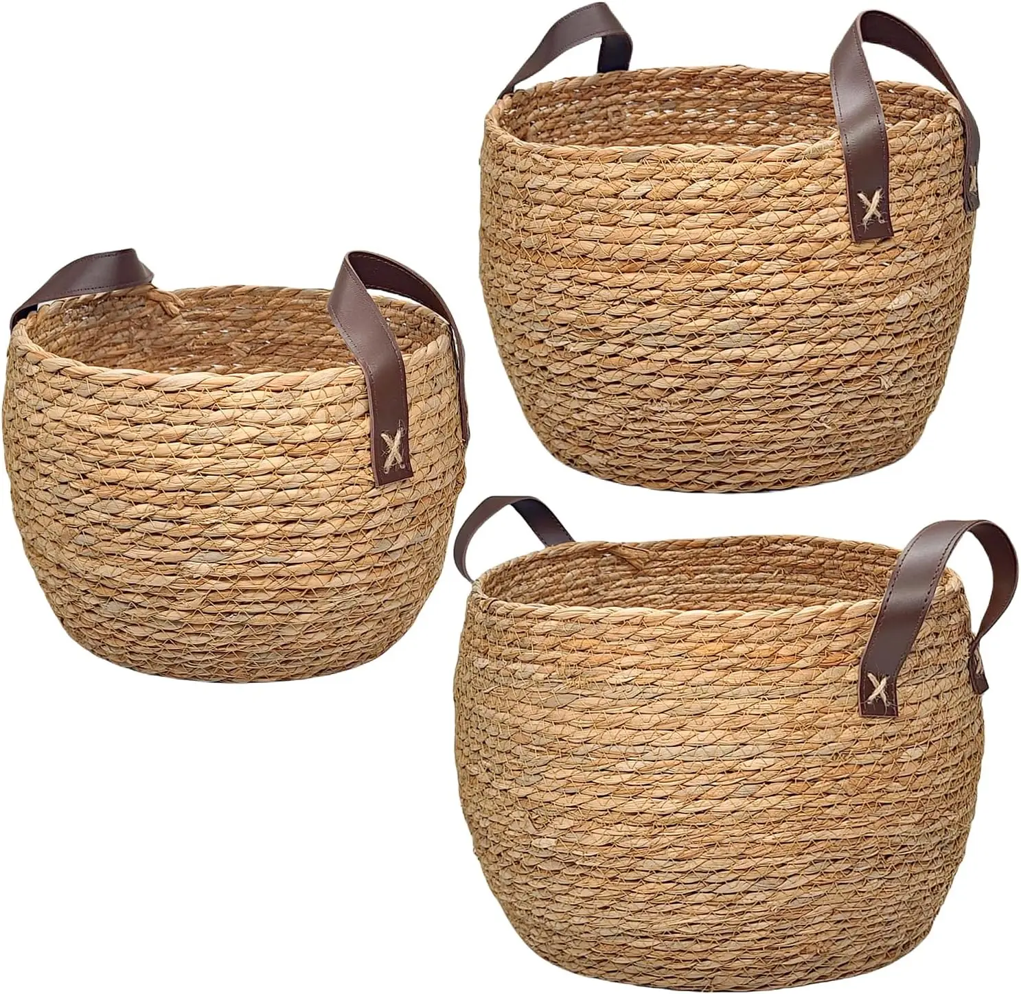

Set of 3 Natural Woven Seagrass Storage Baskets with Leather Handles for Home Organization, 13", 12" & 11" Sizes