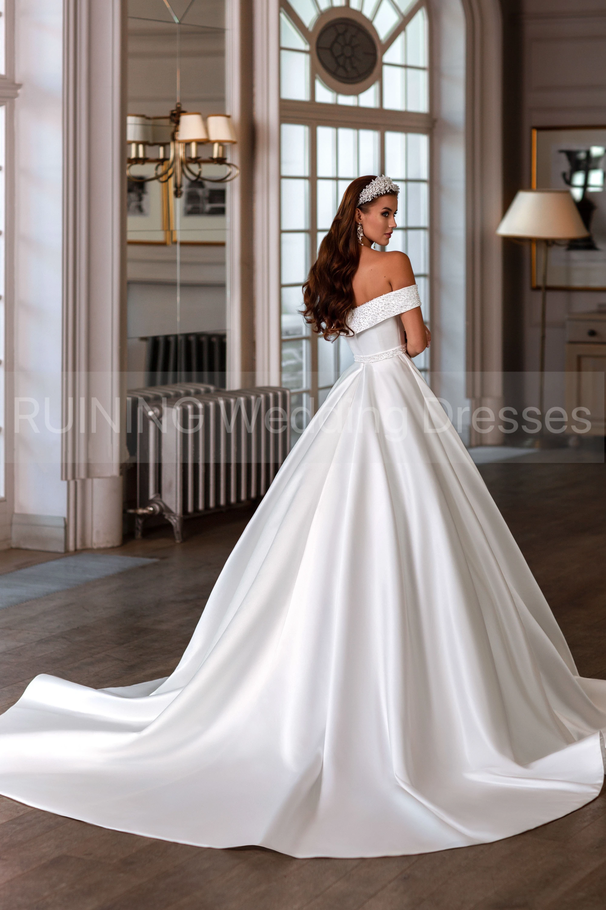 Eleganckie suknie ślubne z odkrytymi ramionami, zdobione koralikami, z szarfami, o kroju litery A, długie suknie ślubne dla kobiet, suknie na przyjęcia, suknie wieczorowe 2025