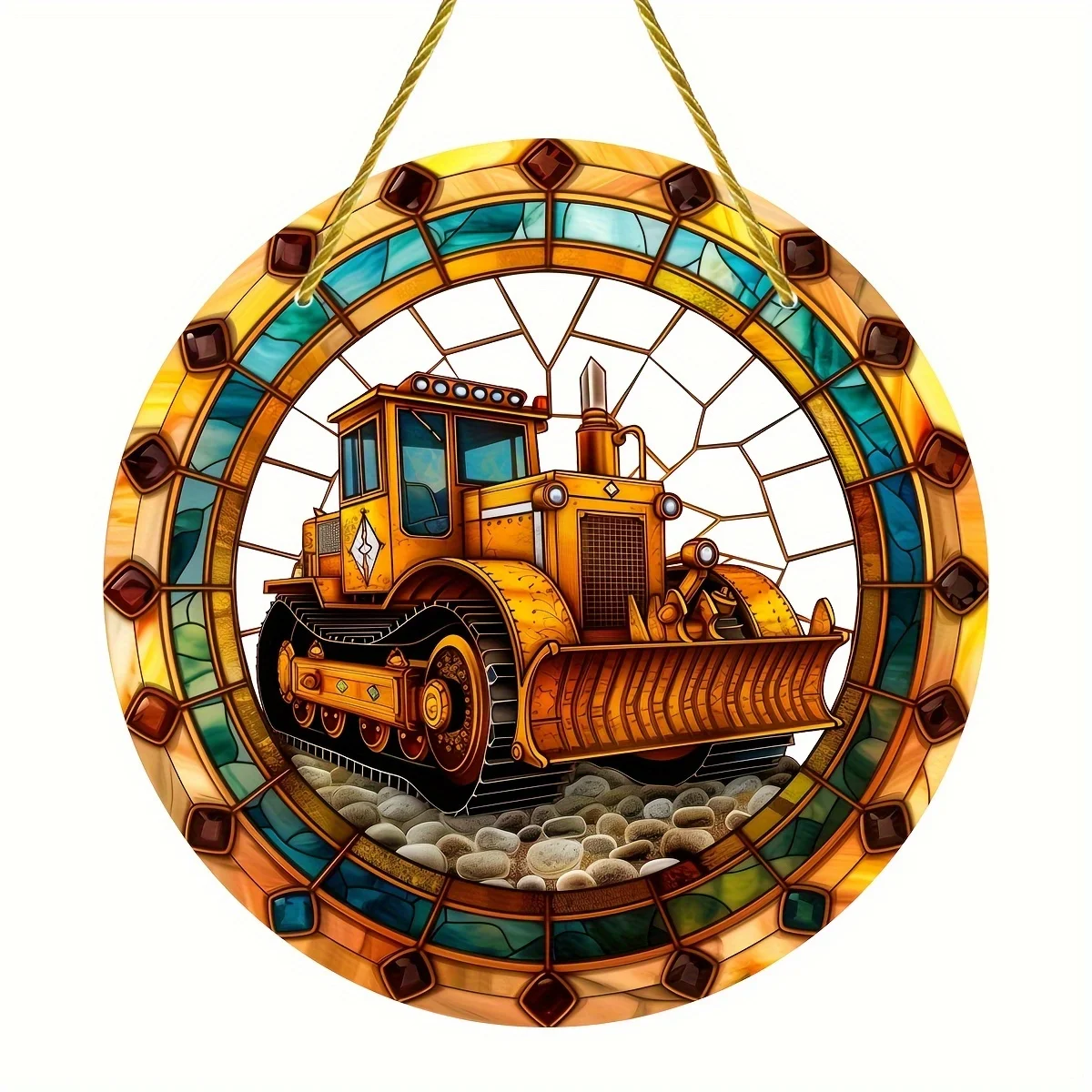 Bulldozer Stained Window Hanging Light Catcher, Round Acrylic Sign,For All Season Decoration, Porch Decor,Window Hanging,Home