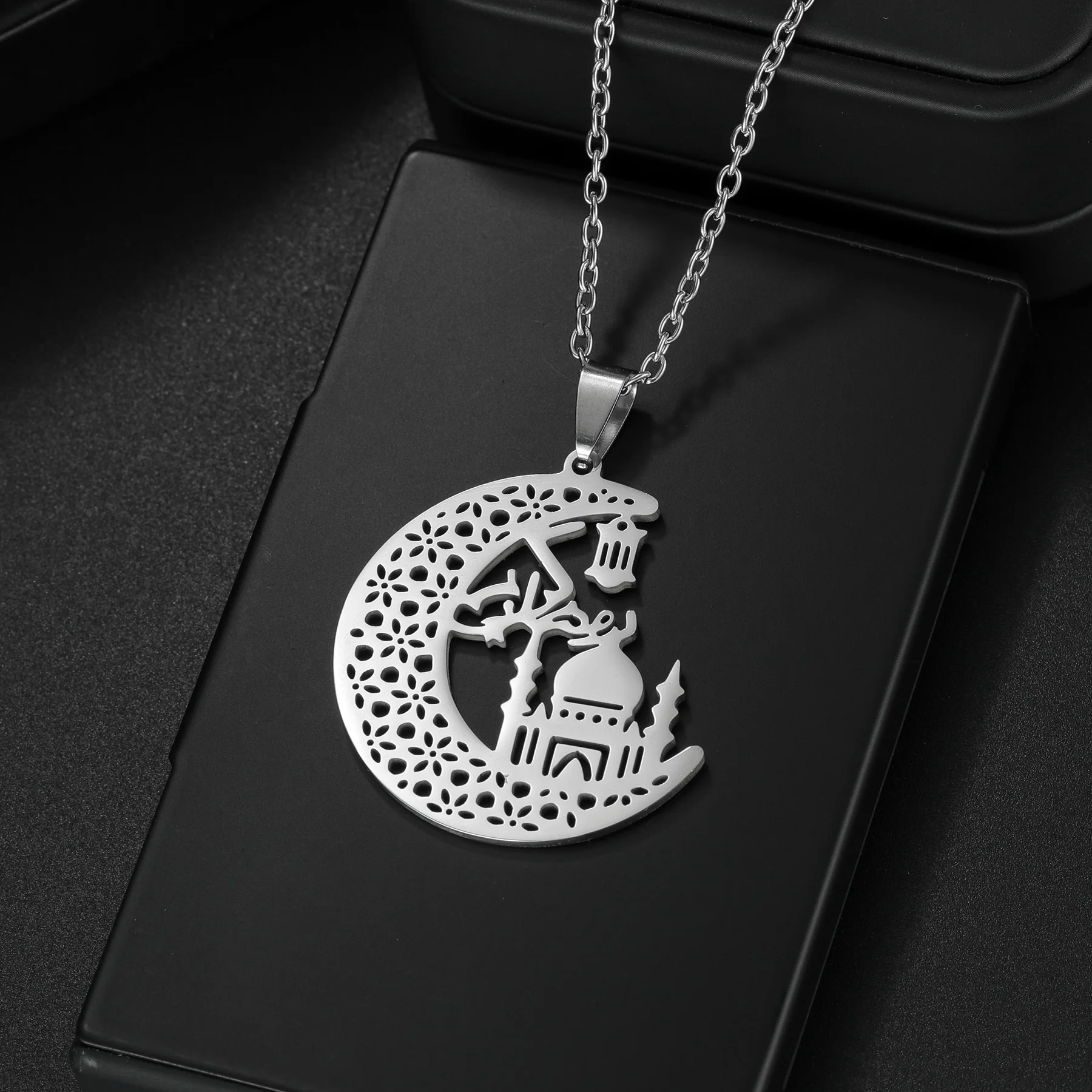 Islamic Son Star Double Moom Pendant Necklace for Women Men Stainless Steel Evil Eye   Fashion Jewelry for Friend Birthday Gift image 5