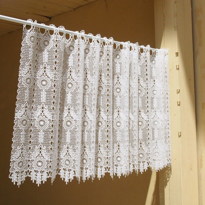 American Geometry Crochet Hollow Short Curtains for Kitchen Partition Manual Rhombus Linen Flowers Lace Half Curtains #A122