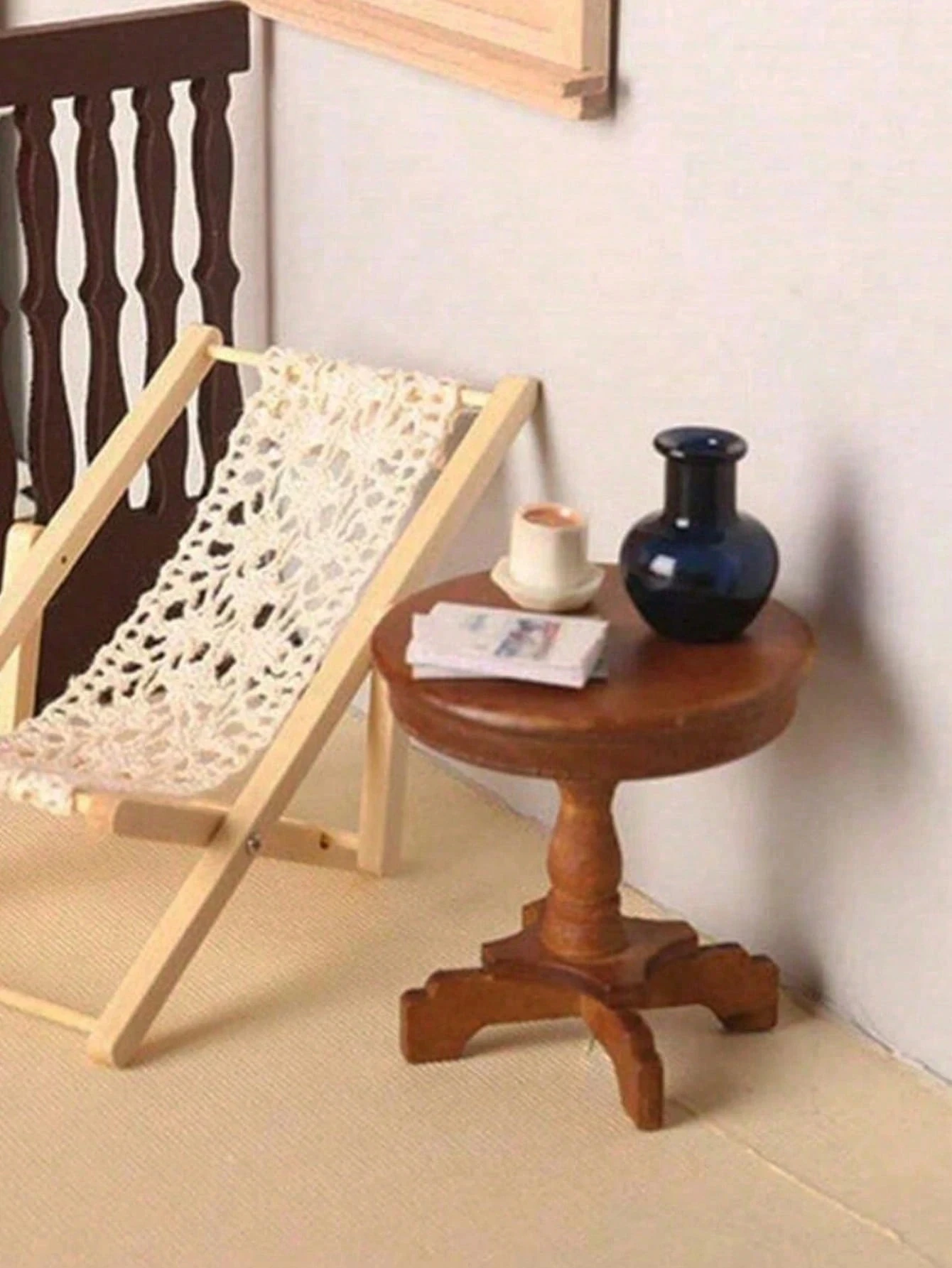 1:12 Mini Wooden Round Table with Lace Tablecloth, Dollhouse DIY Multi‑Purpose Furniture for Miniature Scene Decor