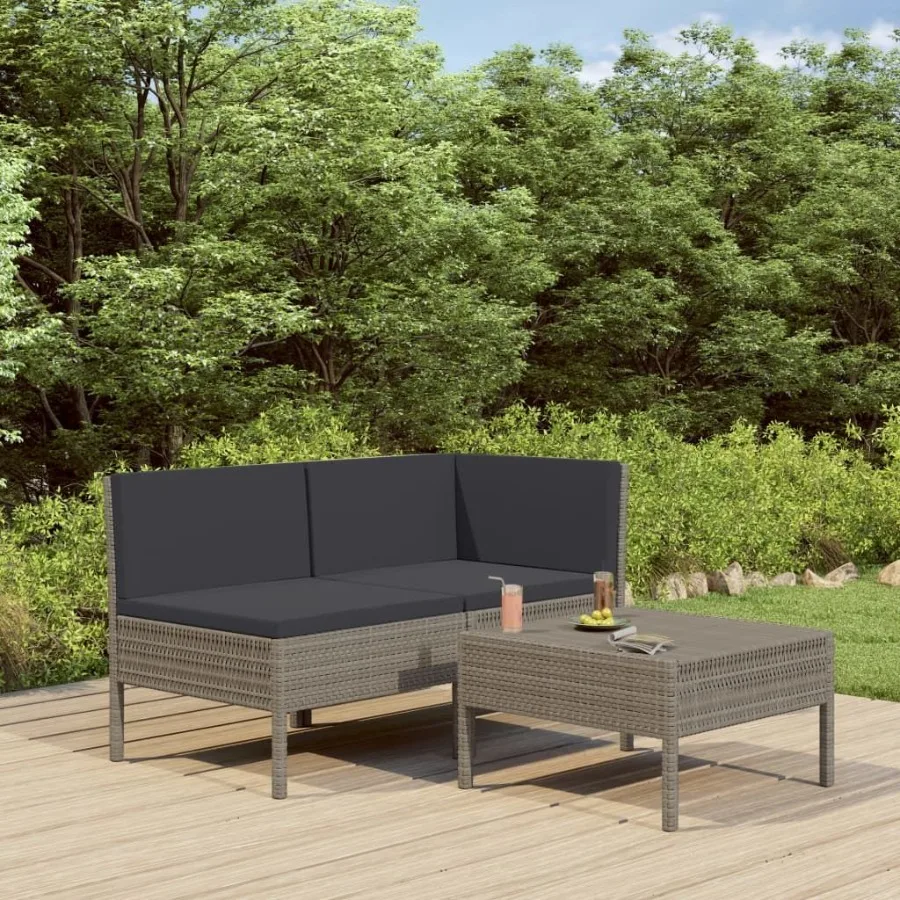 

3 Piece Patio Lounge Set with Cushions Poly Rattan Gray