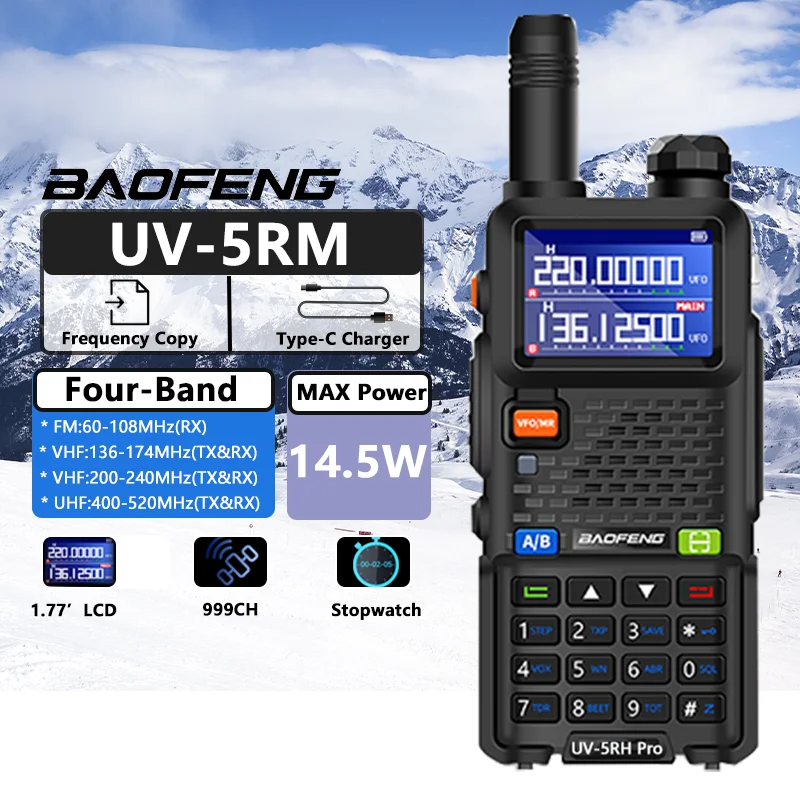 UV-5RM Walkie Talkie Baofeng  14.5W High Capacity Batte USB-C Charger Four-Band 999CH Wirless Copy Frequency Two Way Radio UV-5R