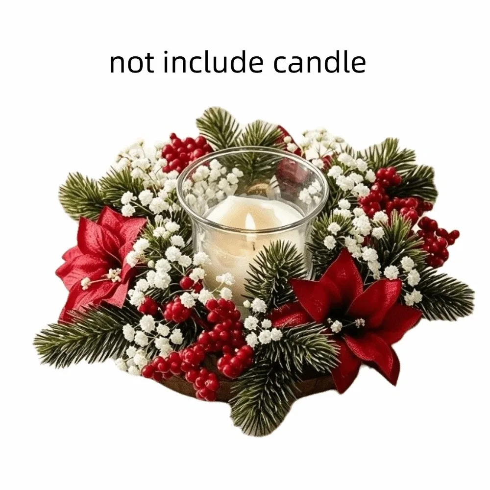 Red Berry Christmas Wreath Candlestick Pinecone Flower Wreath Candle Holder Home Ornaments Table Decoration