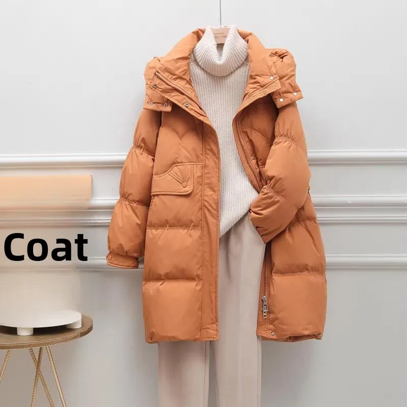 

White Du down Jaet Women's Korean Sle Mid-Length Thiened Loose Hooded Faion Outerwear Winter New Arrival