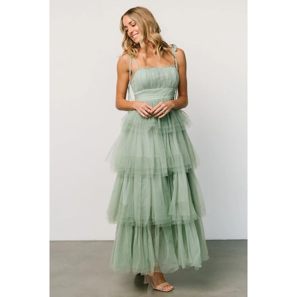 Pretty Sweet Green Women Prom Dresses Spaghetti Strap Floor Length A-Line Fairy Youthful Simple Female Banquet Party Gowns