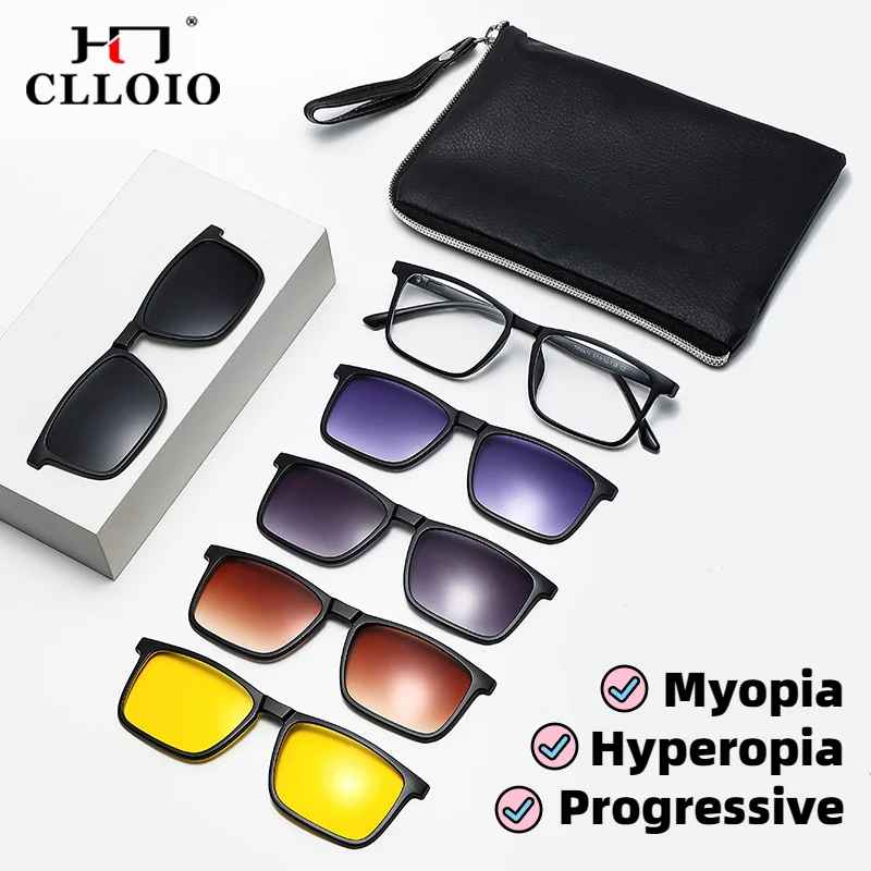

CLLOIO 6 In 1 Driving Safety Polarized Men Optical Sunglasses Anti Blue Light Myopia Magnet Clip On Prescription Reading Glasses