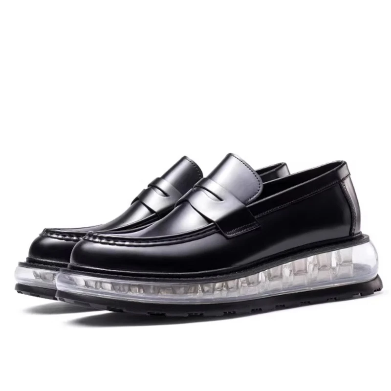 Genuine Leather Loafers Shoes Men's Buffer Cushion Shock Absorption Sole Design Thick Soled Cowhide Comfortable Breathable Shoes