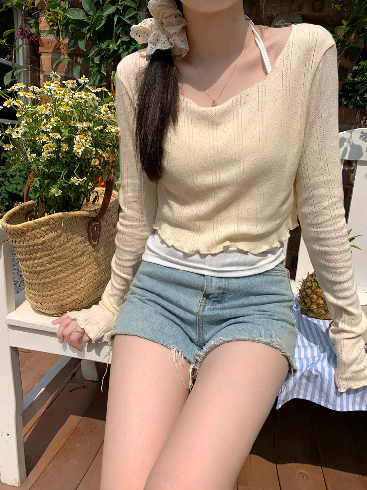 5colors 2024 Spring korean style women slim knitted tops Floral KnittedCrop Long Sleeve t-shirts Womens Tees shirt femme (X3202)