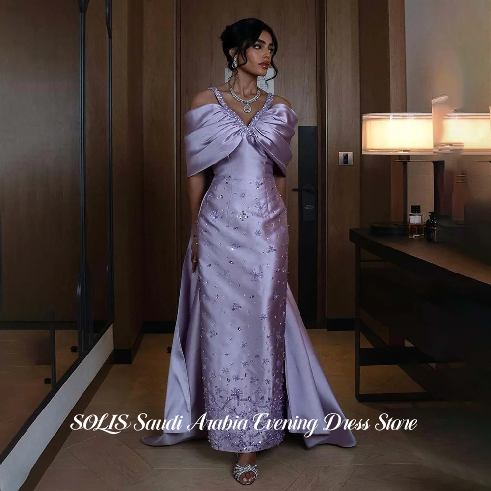 

SOLIS Purple Evening Dress Off the Shoulder A Line Party Dresses with Crystal Satin Prom Gown Modest robes du soir Customized
