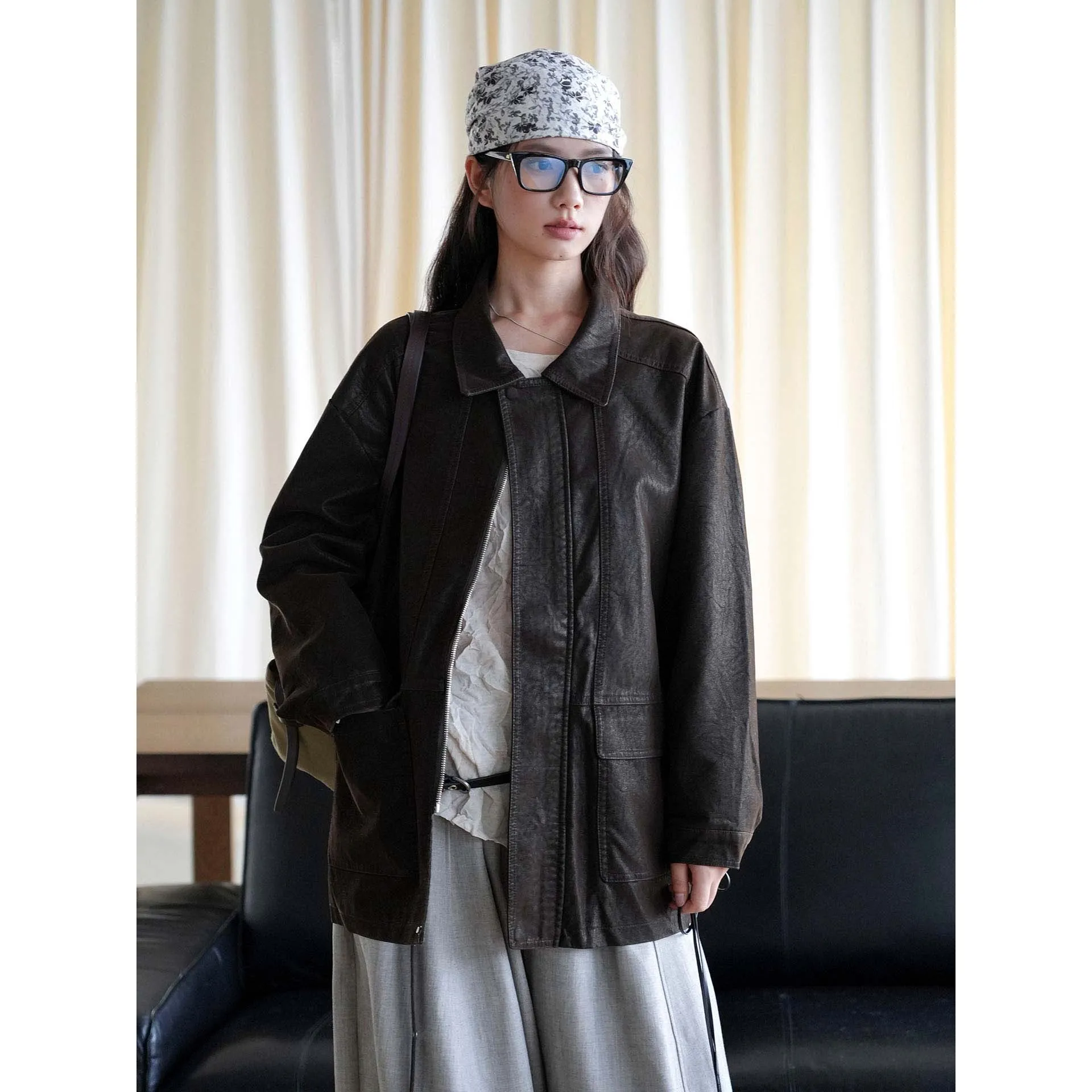 FANAN Women Faux Leather Jacket Lapel Zipper Multi Pocket Oversized Loose Vintage Black Casual Streetwear Outerwear Coat