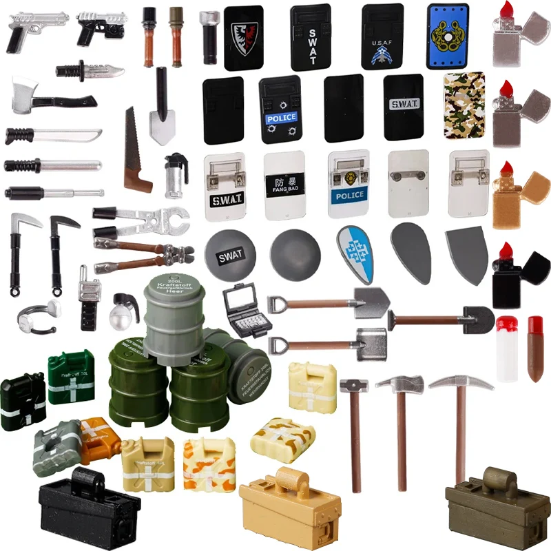 DIY Printing Oil Drum Building Block Police Weapon Shield Farmers Figures Handheld Props Shovel Mini Bricks Models Toys