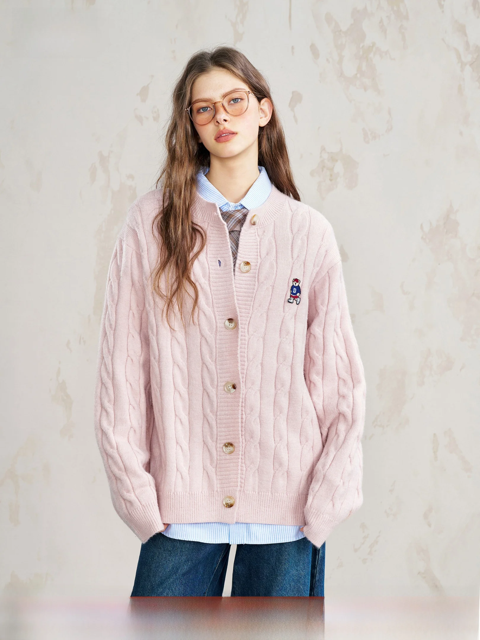 

Beetle Town Women's Pink Knitted Open Cardigan Casual Outerwear Sweater Spring Autumn Design Sense Loose Fit Animal Pattern