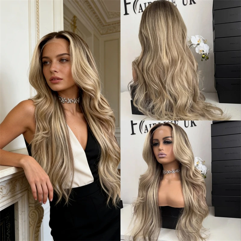 Party Daily Wig Ombre Brown Blonde Synthetic HD Lace Front Wig with Natural Dark Roots Preplucked Hairline Human Hair Blend Wigs