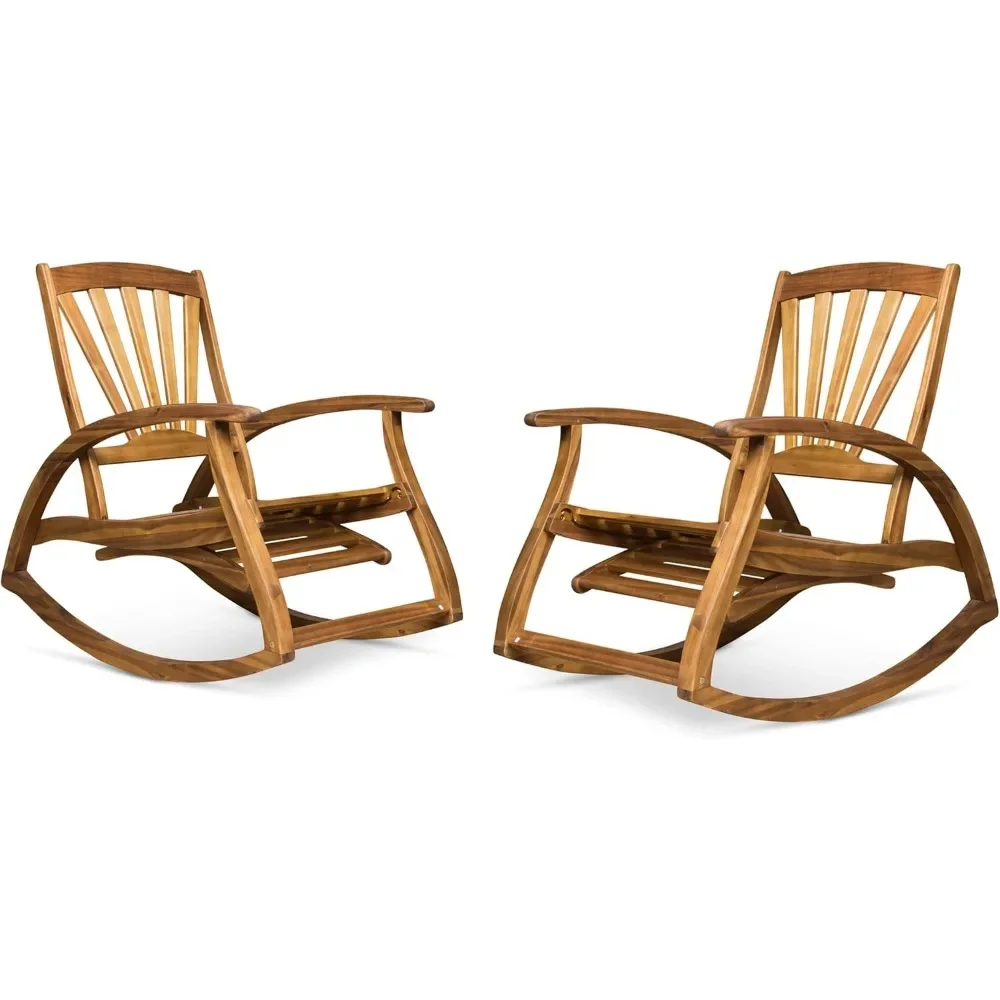 

Outdoor Rustic Acacia Wood Recliner Rocking Chairs - Set of 2, Teak Finish, 24.75"W x 41.75"D x 38"H