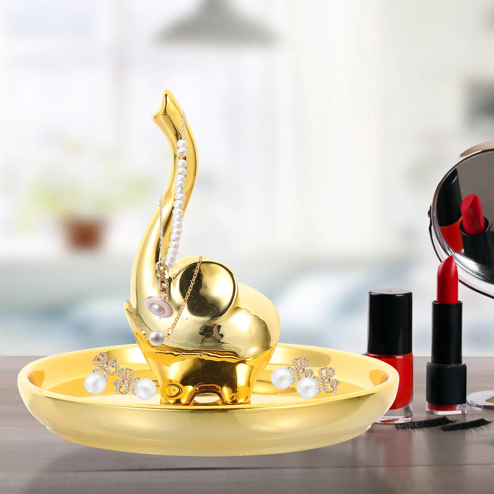 

Golden Elephant Ceramic Tray Jewelry Dish for Ring Earring Necklace Storage Decorative Desktop Home Decor Sundries Organizer