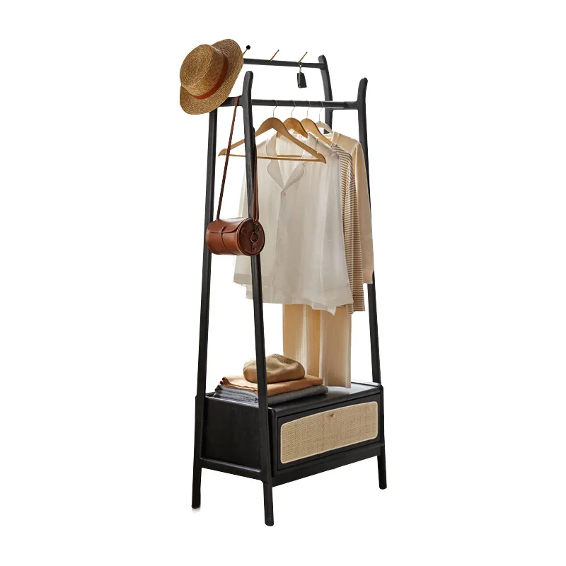 Coat rack Bedroom floor hanger Simple black field coat rack Rattan rack Nordic solid wood furniture