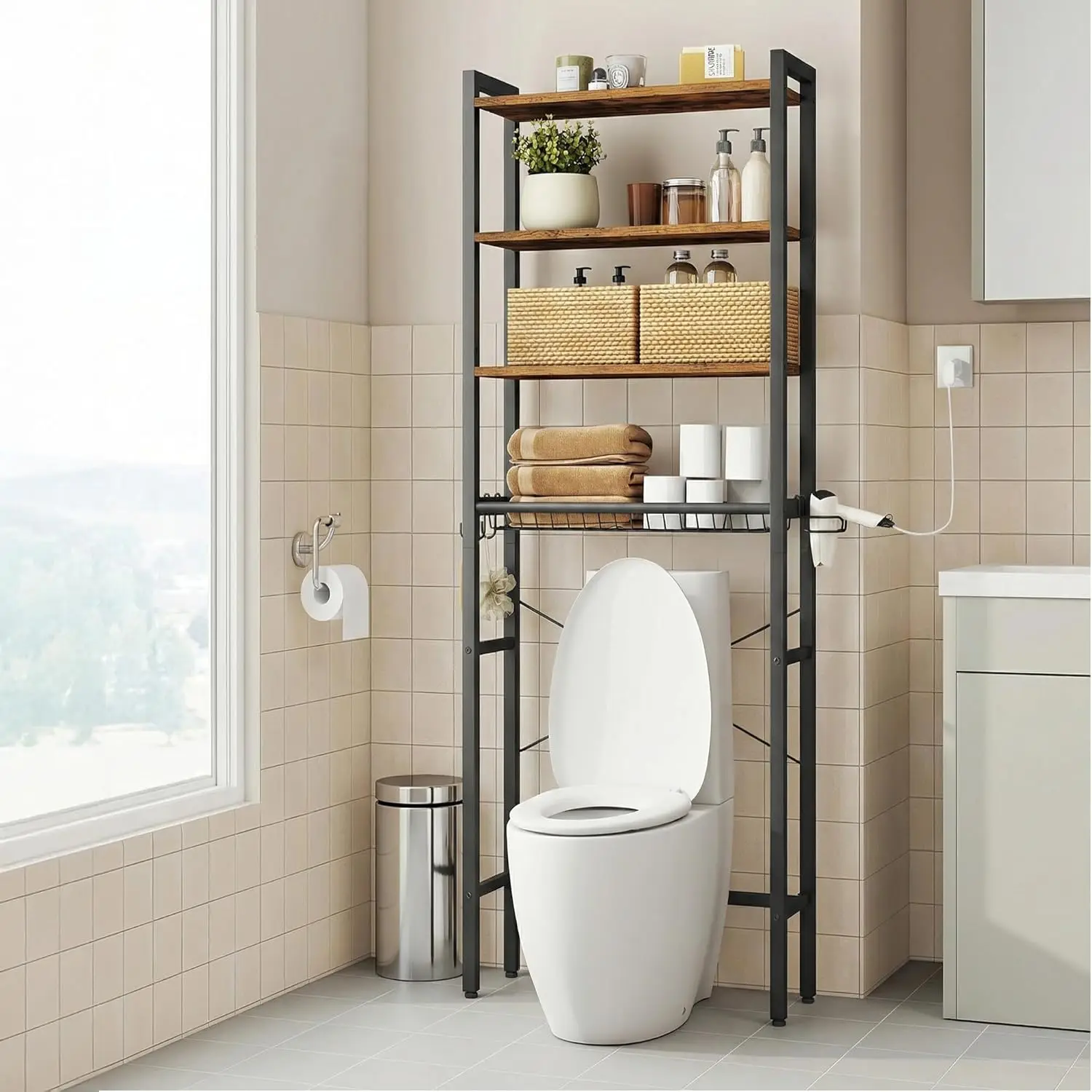 

Over the Toilet Storage, Over Toilet Bathroom Organizer with Adjustable Shelves and Basket, 3 Hooks, Space Saving, Rustic Brown