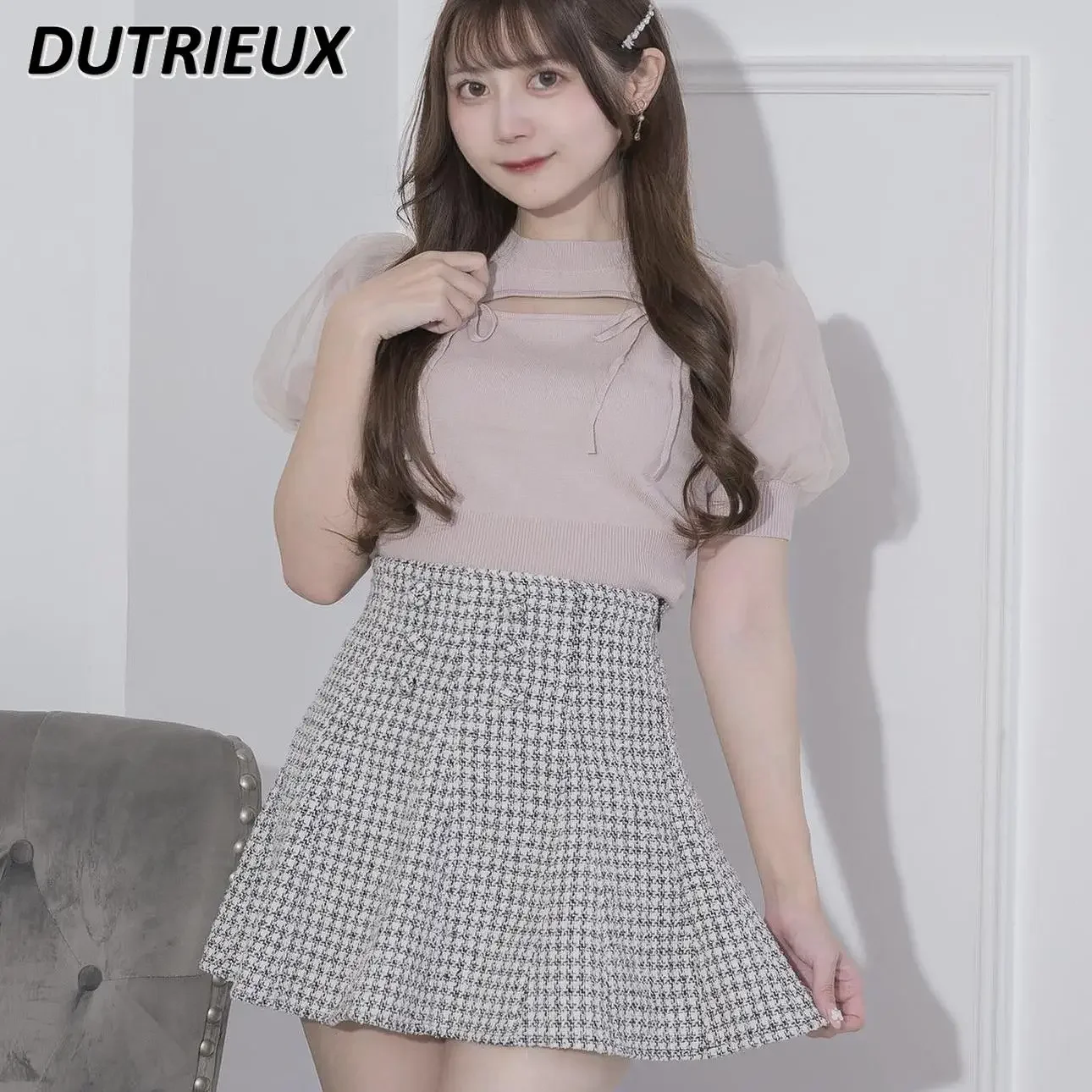 Japanese Sweet and Cute Solid Color Knitted Short-sleeved T-shirt Bow Round Neck Bubble Sleeve Thin Mesh Splicing Sweater