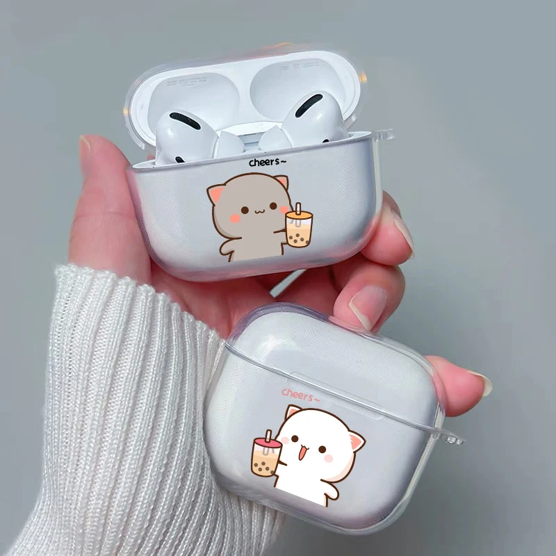 

Cute Cartoon Cat Couple Clear Earphone Case For Apple AirPods 4 3rd 2 Pro 2 Transparent Cover For Airpod 1 3 Protective Fundas