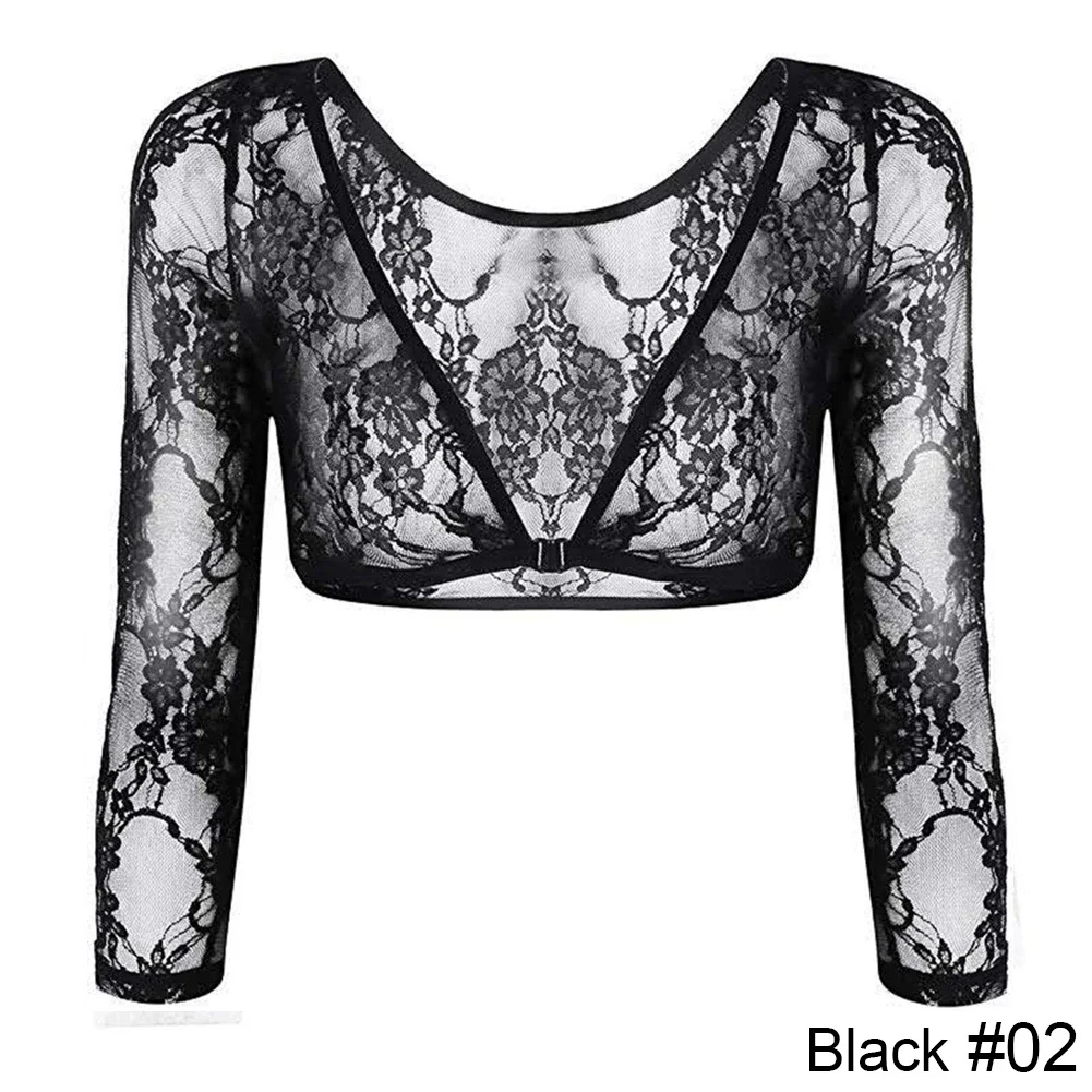 Vintage Tops Popular Women Mesh Lace See Through Crop Tops Sheer Seamless Female Smooth Shaper Shirt Shrugs Perspective