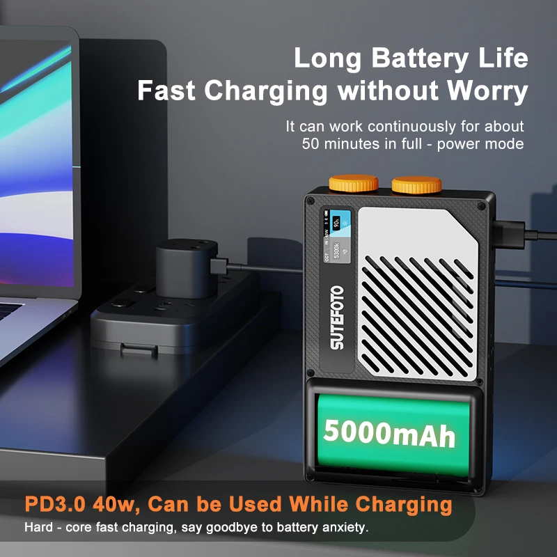 Sutefoto T40X/T40C 비디오 조명 2800K-10000K±200K 14000Lux 냉각 팬 5000mAh 37Wh Vlog 사진용 필 라이트