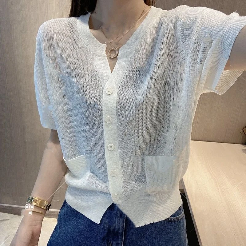 Women Stylish V Neck Short Sleeve Single Breasted Ice Silk Knitted Cardigan 2024 Summer Casual Solid Pocket Loose Chic Knitwears