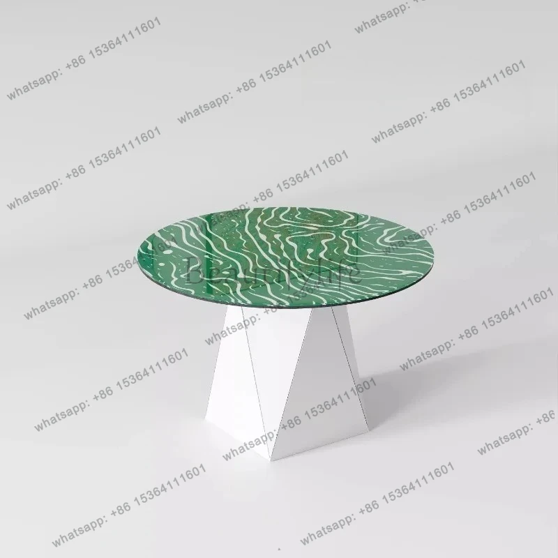 

Modern minimalist creative art restaurant household green glass round dining table round table geometric base