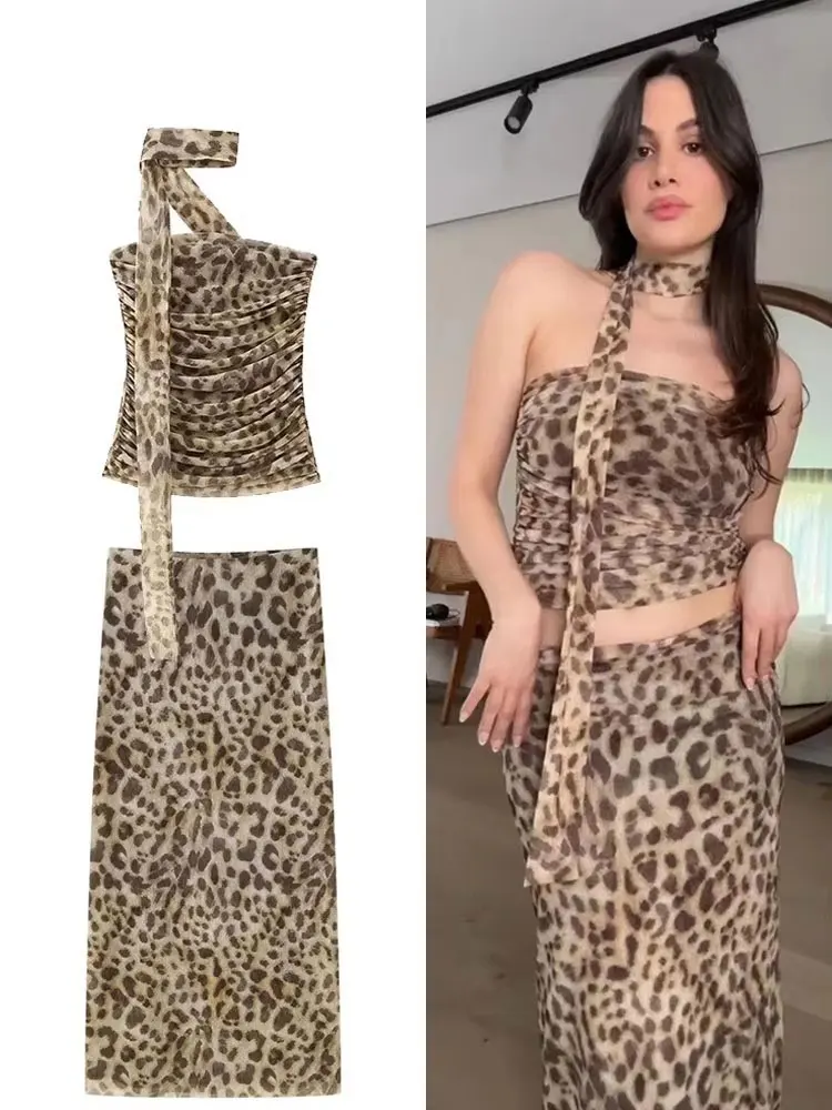 

HH Женские винтажные комплекты с юбкой с леопардовым принтом Топ с открытыми плечами + тонкая юбка-миди 2024, летний женский модный уличный костюм