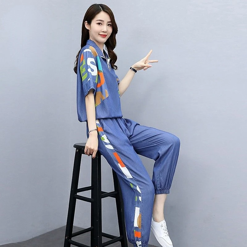 Women\'s Casual Sports Suit 2022 Spring Summer New Clothes Mercerized Denim Loose Printing Short Sleeves Tops Pants Two Piece Set