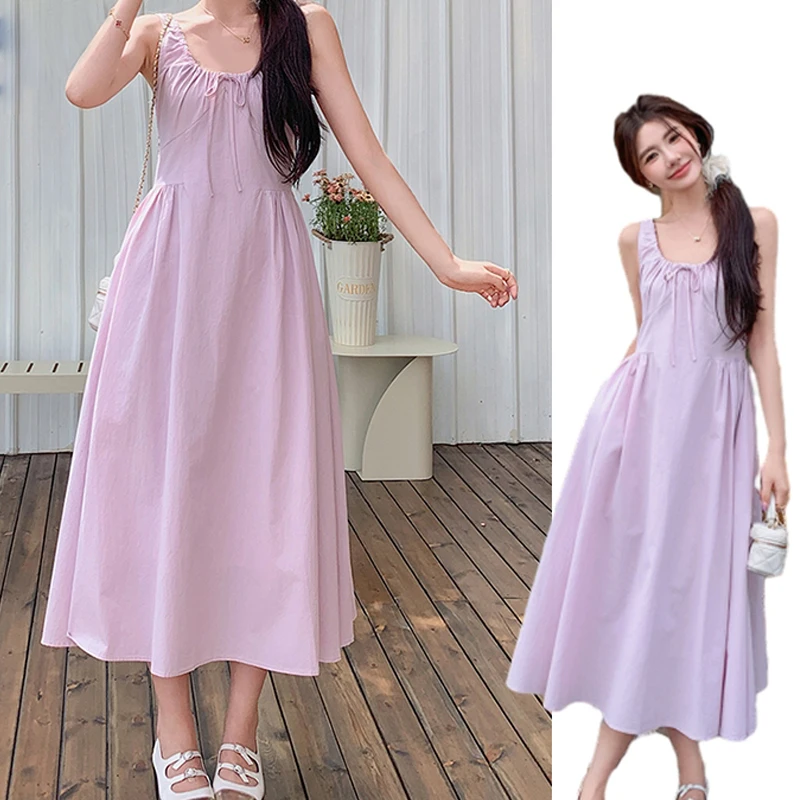 

Women Fairy Dresses Lady Vacation Solid Female Basic Ruched Summer Long Dress