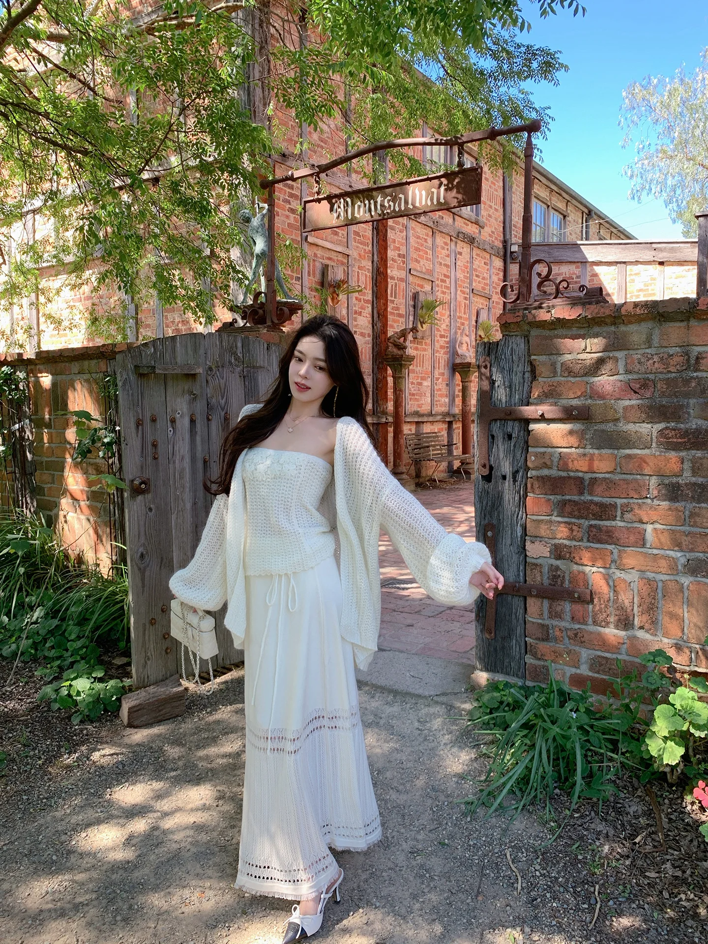 ByYou Spring Lantern Sleeve Cashmere Wool Knitted Open Cardigan Outerwear Set Women's White Strapless Top Two-Piece Set - view 3