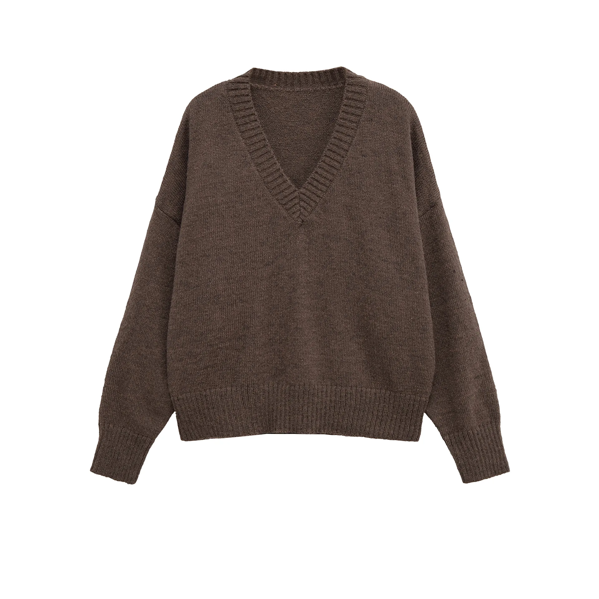 

Woman's Loose Knitted Pullover V-neck Basic Pleated Long-sleeved Solid Color Casual Cropped Sweater Early Autumn Female Top