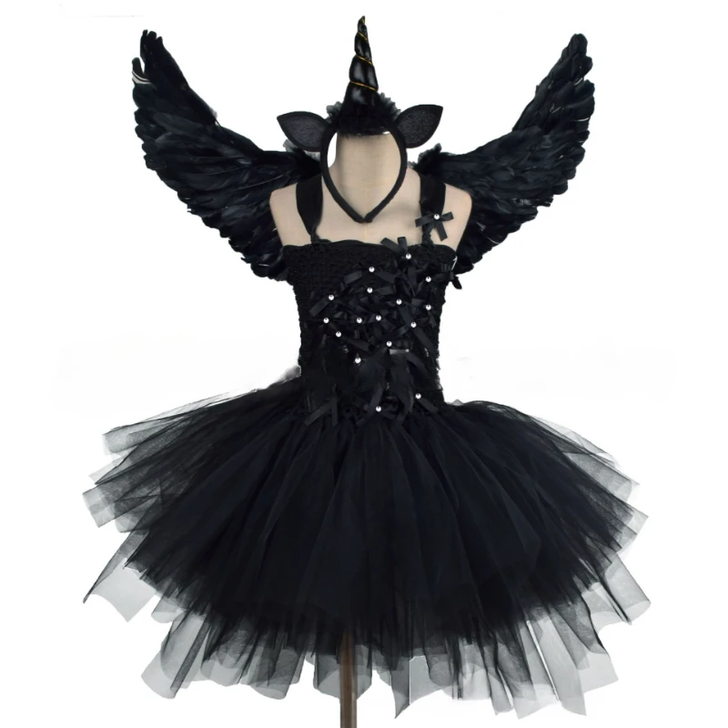 Girls' Black Tulle Unicorn Dress Set, Halloween Stage Performance Costume, Dark Demon Witch Outfit, Carnival‑themed Party Attire