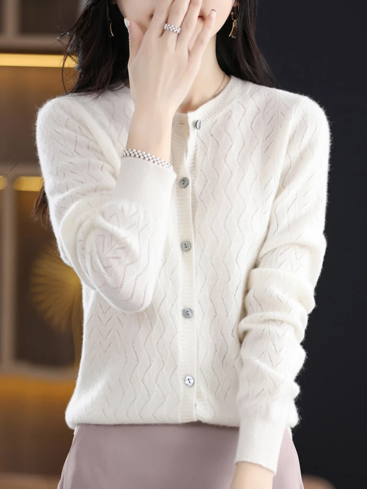 New 100% Merino Wool Sweater Women Cashmere Cardigan O-neck Hollow Out Wave Cut Knitwear Grace Fashion Comfortable Clothing Tops