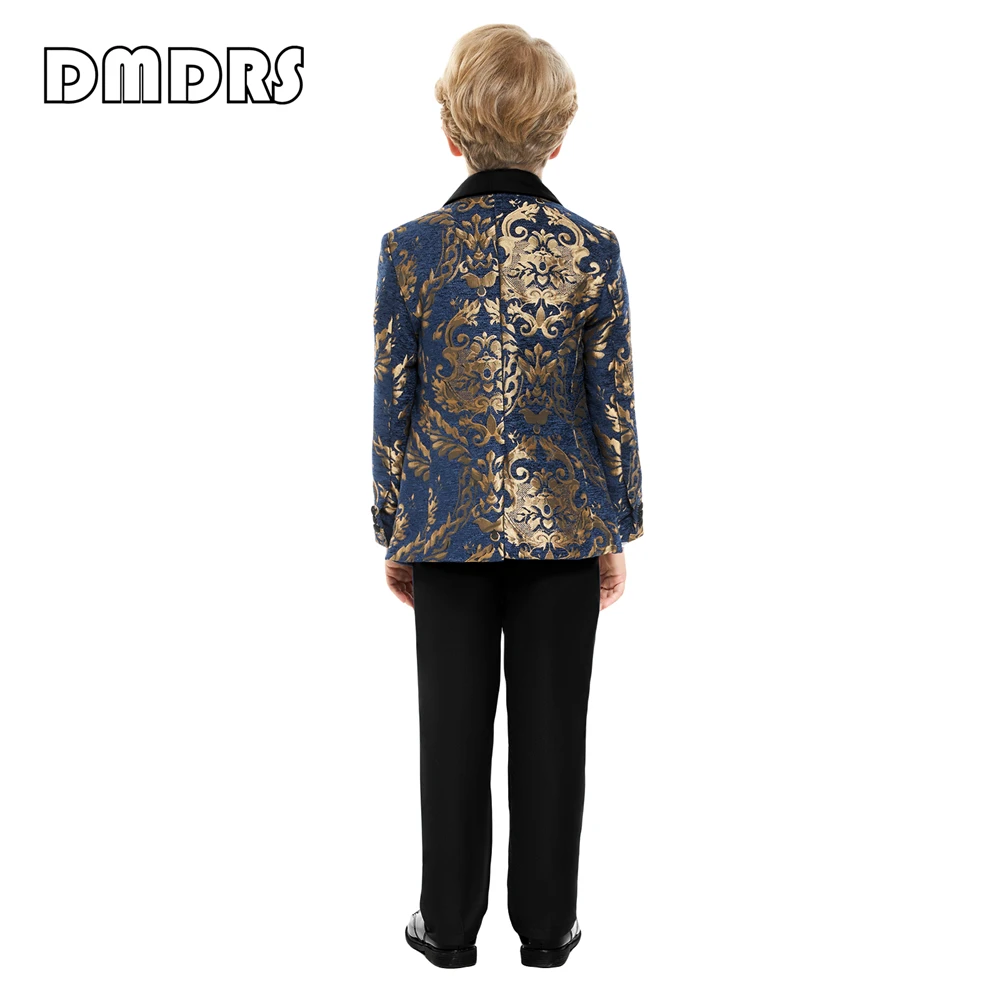 Gold Floral Boys Suit Set Shawl Neck Kids Formal 4 Pieces Suits Wedding Ring Bear Tuxedo One Button Boy\'s Suits 3-14 Years