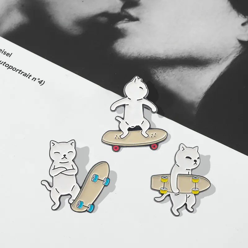 Skateboard Cat Enamel Pins Custom Cool Guy White Black Kitten Brooch Lapel Badge Bag Cartoon Animal Jewelry Gift for Kids Friend